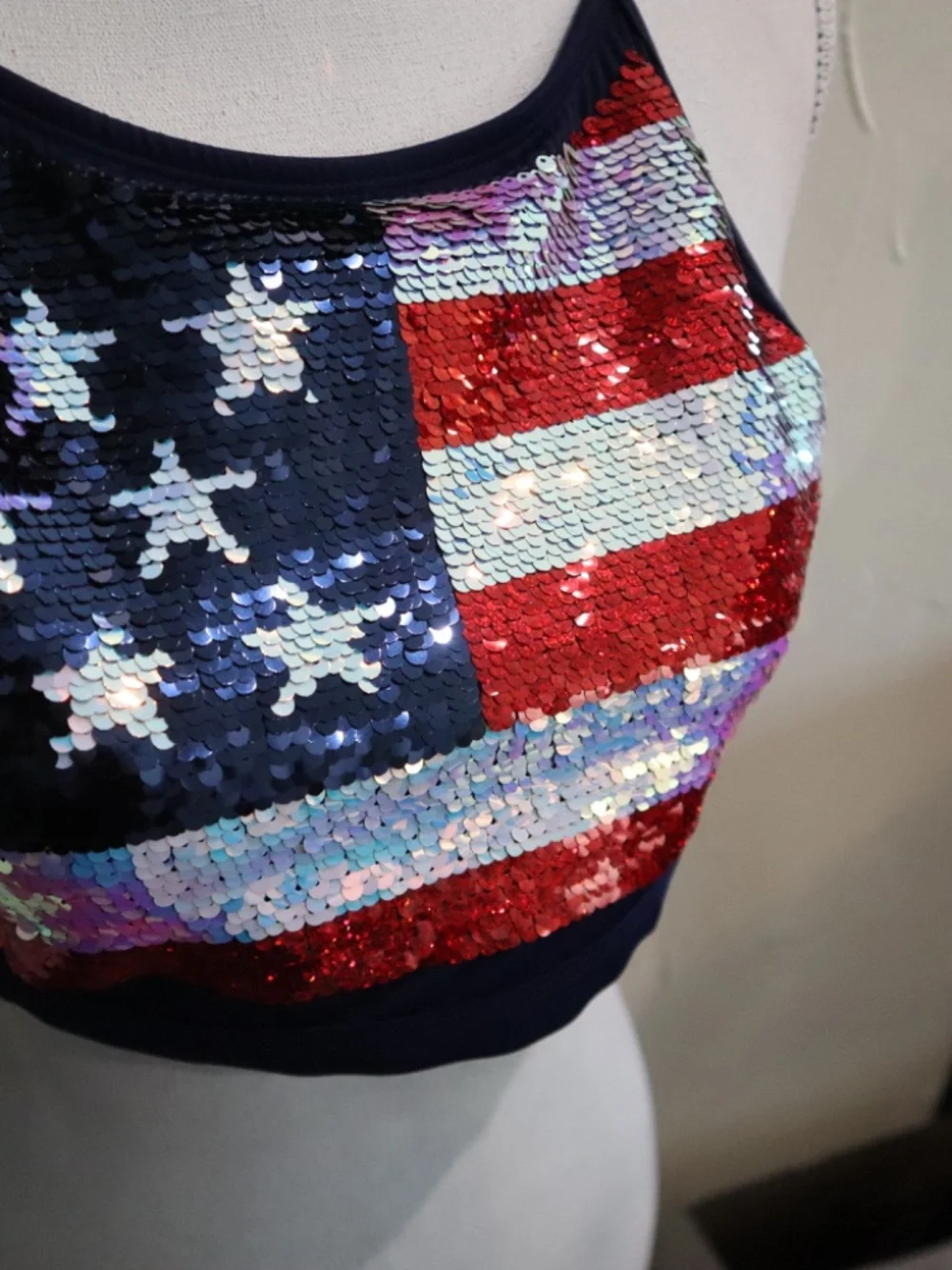 Justice Kid's Size 20 plus American Flag Flip Sequins Swim Top Red/White/Blue